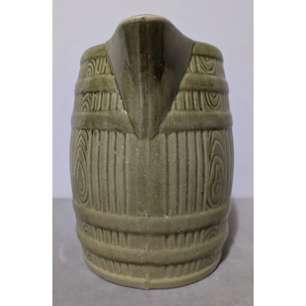 Vintage McCoy Pottery Green Barrel Pitcher Mid Century Stoneware Cider Jug 7.5